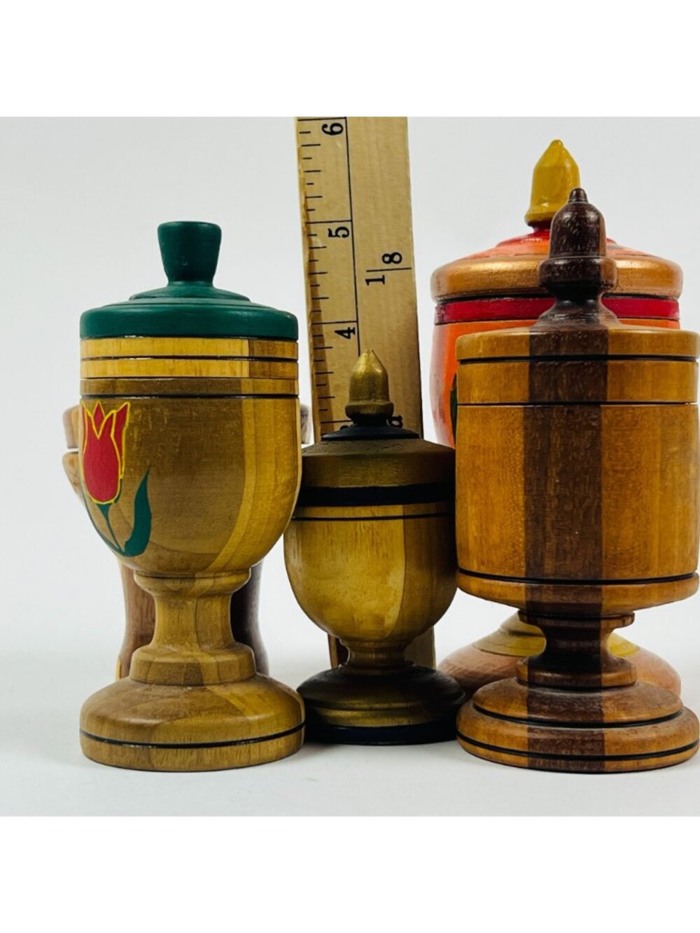 Vintage Handmade Wooden Lidded Urn Containers Set of 5 Hand Painted Floral Decor - Picture 8 of 10
